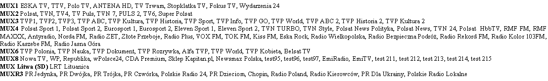 Pole tekstowe: MUX1 ESKA TV, TTV, Polo TV, ANTENA HD, TV Trwam, Stopklatka TV, Fokus TV, Wydarzenia 24MUX2 Polsat, TVN, TV4, TV Puls, TVN 7, PULS 2, TV6, Super PolsatMUX3 TVP1, TVP2, TVP3, TVP ABC, TVP Kultura, TVP Historia, TVP Sport, TVP Info, TVP GO, TVP World, TVP ABC 2, TVP Historia 2, TVP Kultura 2MUX4 Polsat Sport 1, Polsat Sport 2, Eurosport 1, Eurosport 2, Eleven Sport 1, Eleven Sport 2, TVN TURBO, TVN Style, Polsat News Polityka, Polsat News, TVN 24, Polsat  HbbTV, RMF FM, RMF MAXXX, Antyradio, Norda FM, Radio ZET, Z�ote Przeboje, Radio Plus, VOX FM, TOK FM, Kiss FM, Eska Rock, Radio Wielkopolska, Radio Bezpieczna Podr�, Radio Rekord FM, Radio Kolor 103FM, Radio Kaszebe FM, Radio Jasna G�raMUX6 TVP Polonia, TVP Nauka, TVP Dokument, TVP Rozrywka, Alfa TVP, TVP World, TVP Kobieta, Belsat TVMUX8 Nowa TV, WP, Republika, wPolsce24, CDA Premium, Sklep Kapitan.pl, Newsmax Polska, test95, test96, test97, EmiRadio, EmiTV, test 211, test 212, test 213, test 214, test 215MUX Litwa (SD) LRT LituanicaMUXR3 PR Jedynka, PR Dw�jka, PR Tr�jka, PR Czw�rka, Polskie Radio 24, PR Dzieciom, Chopin, Radio Poland, Radio Kierowc�w, PR Dla Ukrainy, Polskie Radio Lokalne